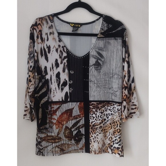 Valentina Womens 3/4 Sleeve Top Rhinestones Artsy Abstract Art Size Medium - Picture 1 of 6
